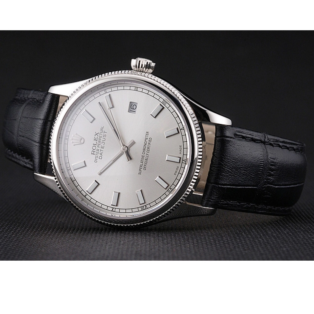 Aaa replica watch Rolex Steel Dial White Strap Stainless Leather Swiss Datejust Black Case 0803